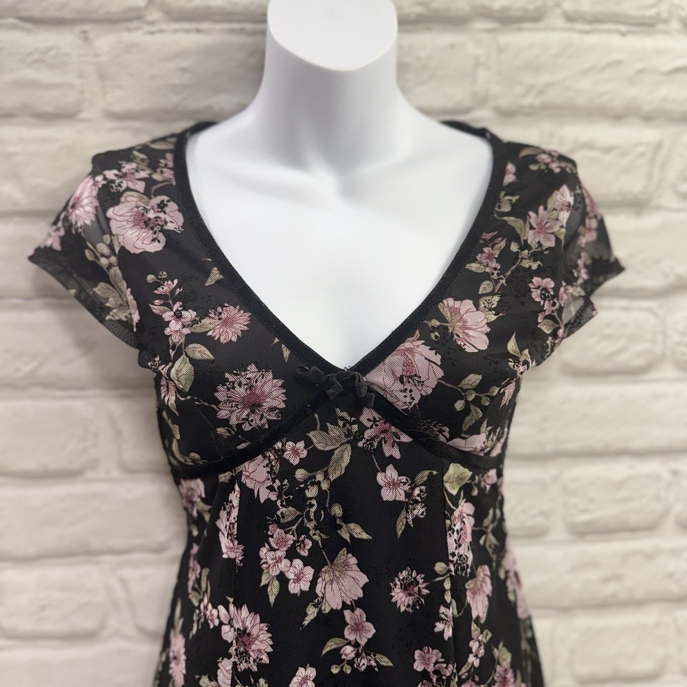 Planet Heart Y2K Black Floral Babydoll Slip Dress Sz Small Romantic Velvet Trim - Picture 3 of 15